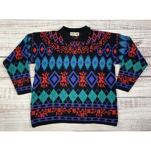 Vtg MICHAEL CARRIE Southwestern‎ Aztec Argyle Jumper Geometric Collar Sweater L